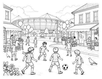 Coloriage d'une rue animée le jour du match avec des enfants en maillot qui jouent au ballon devant un stade, des terrasses de café et des ballons.