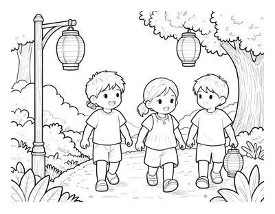Coloriage de trois enfants marchant sur un chemin avec des lanternes suspendues et une lanterne à la main.