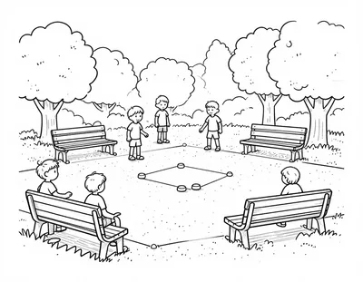 Coloriage montrant des enfants qui jouent à la pétanque sur un terrain de gravier entouré de bancs et de platanes.