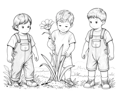 Coloriage de trois enfants qui plantent des bulbes de fleurs dans la terre, avec une grande fleur qui pousse au milieu.