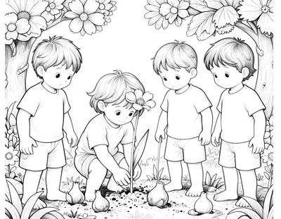 Coloriage de quatre enfants agenouillés dans la terre en train de planter des bulbes de fleurs dans un jardin.