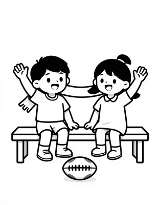Coloriage de deux enfants assis sur un banc de stade, un garçon et une fille qui agitent une écharpe à franges devant un ballon de football.