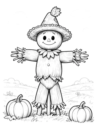 Coloriage d'un épouvantail souriant avec un chapeau à pompon, debout dans un champ de citrouilles.