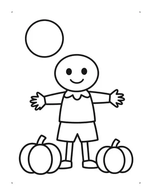 Coloriage d'un épouvantail souriant aux bras ouverts, entouré de deux citrouilles, sous une pleine lune dans le ciel.