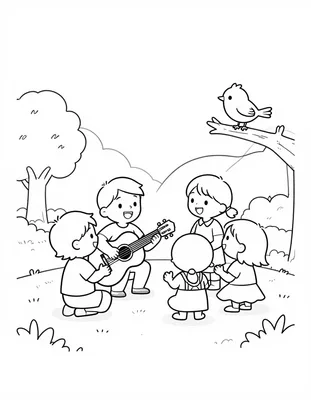 Coloriage d'une famille réunie dans un parc autour d'un guitariste, avec un petit oiseau posé sur une branche.