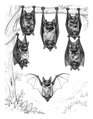 Coloriage d'une famille de chauves-souris suspendues la tête en bas à une branche, avec des ailes rondes et des visages souriants.
