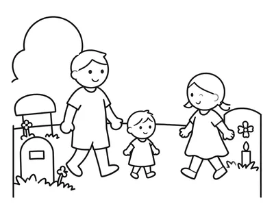 Coloriage d'une famille se promenant main dans la main dans un cimetière paisible, avec des tombes fleuries et une bougie allumée.
