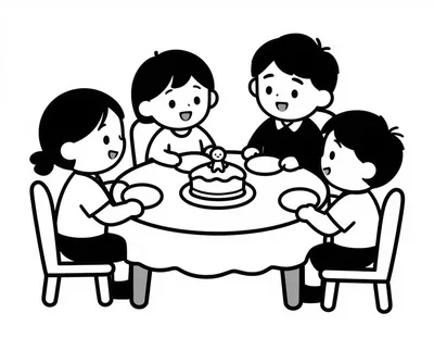 Coloriage d'une famille attablée partageant une galette des rois, un enfant découvrant la fève.