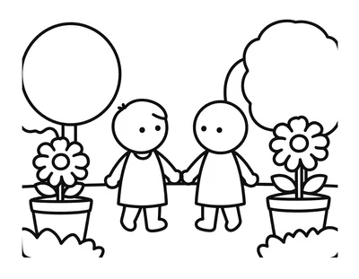 Coloriage d'une famille marchant main dans la main sur un chemin bordé de pots de fleurs dans un jardin paisible.