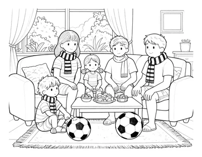 Coloriage d'une famille assise sur un canapé devant un match de football, avec écharpes rayées, ballons sur le tapis et en-cas sur la table.