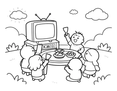 Coloriage d'une famille réunie devant un téléviseur pour regarder un match de football, avec des écharpes et des en-cas sur la table.
