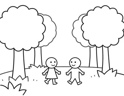 Coloriage d'une famille qui marche tranquillement sur un chemin bordé d'arbres en automne