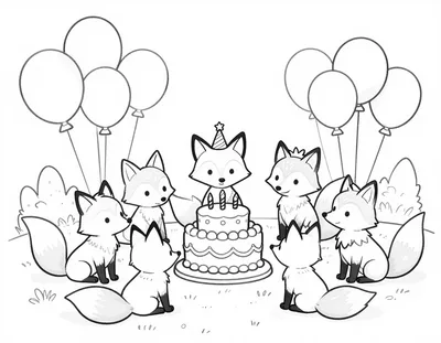 Coloriage d'une famille de renards réunie autour d'un gâteau d'anniversaire décoré, entourée de ballons dans une clairière.