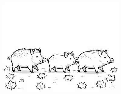 Coloriage d'une famille de sangliers qui avance en file sur un tapis de feuilles d'automne.