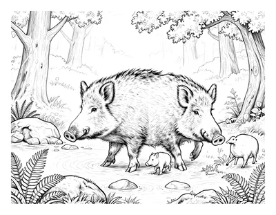 Coloriage d'une famille de sangliers traversant un ruisseau dans une forêt brumeuse à l'aube.