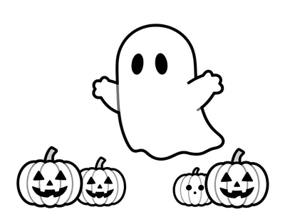 Coloriage d'un petit fantôme aux bras levés qui flotte au-dessus de quatre citrouilles d'Halloween