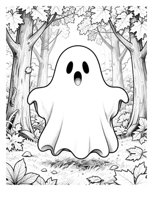 Coloriage d'un fantôme souriant qui flotte entre les arbres d'une forêt d'automne, entouré de feuilles qui tombent.