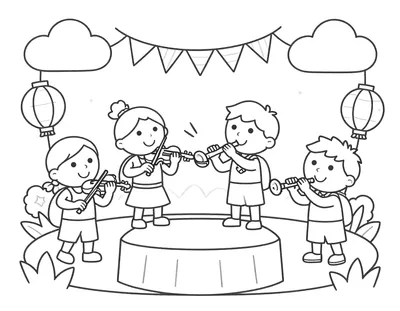 Coloriage d'enfants jouant du violon, de la flûte et du tambourin sur une petite scène décorée de ballons et de lanternes pour la Fête de la musique.