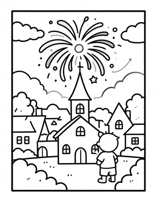 Coloriage d'un enfant qui regarde un feu d'artifice éclatant au-dessus du clocher d'une église et des toits du village.