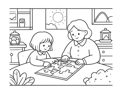 Coloriage d'une petite fille et de sa grand-mère assemblant un puzzle à une table dans un salon chaleureux avec plantes et bocaux.