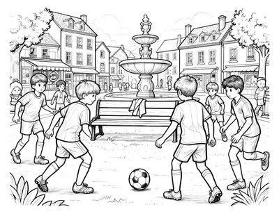 Coloriage d'un match de football improvisé sur une place de village française, avec fontaine, boulangerie et enfants en maillot.