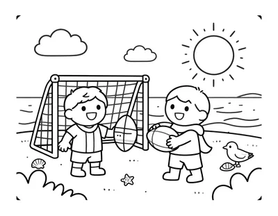 Coloriage de deux enfants jouant au football sur la plage devant un petit but, avec une étoile de mer, des coquillages et une mouette.