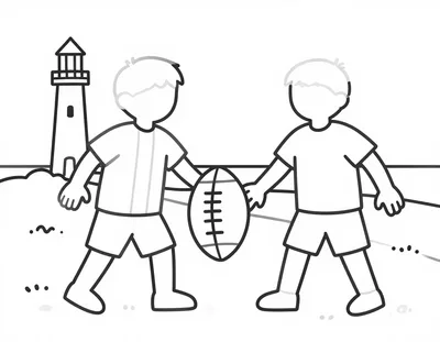 Coloriage de deux enfants en maillot qui se passent un ballon de football sur une plage de sable, avec un phare à l'arrière-plan.