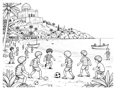 Coloriage d'enfants jouant au football sur une plage méditerranéenne, avec des bateaux de pêche et une basilique sur la colline en arrière-plan.