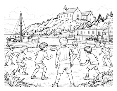 Coloriage d'enfants en maillot jouant au football sur un terrain du port, avec des bateaux de pêche et une église sur la colline.