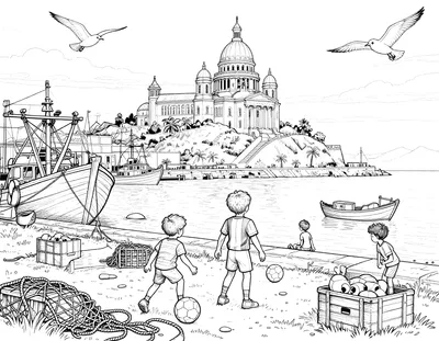 Coloriage détaillé d'enfants jouant au football sur un quai de port au coucher du soleil, avec bateaux de pêche, filets, caisses et basilique sur la colline.