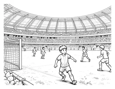 Coloriage d'un jeune footballeur en maillot à bande verticale qui dribble devant des défenseurs dans un grand stade rempli de spectateurs.