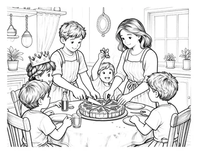 Coloriage d'une famille réunie autour d'une galette des rois, un enfant brandit la fève et des couronnes en papier sont posées sur la table.