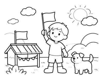 Coloriage d'un garçon qui agite un petit drapeau tricolore devant un kiosque à musique décoré de fanions, avec un chien à ses côtés.
