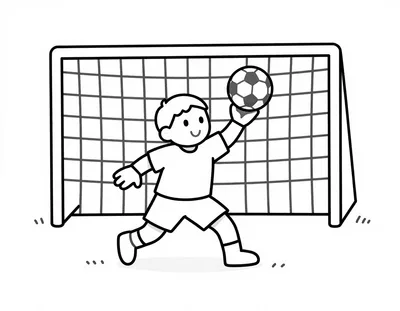 Coloriage d'un enfant gardien de but qui attrape le ballon devant une cage avec filet.