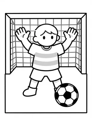 Coloriage d'un jeune gardien de handball, bras levés devant sa cage, avec un ballon qui arrive vers lui.