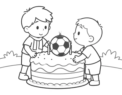 Coloriage de deux enfants qui soufflent les bougies d'un gâteau d'anniversaire en forme de ballon de football, avec une écharpe et des ballons à côté.