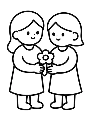 Coloriage de deux personnages souriants, une grand-mère et un enfant, tenant ensemble une fleur à grosse corolle.