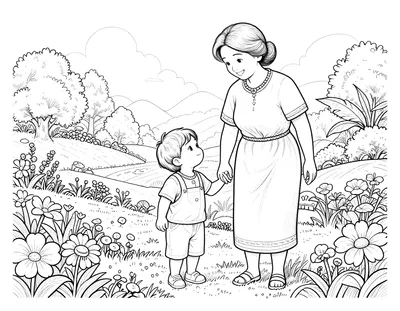 Coloriage d'une grand-mère et d'un enfant main dans la main dans un jardin paisible entouré de fleurs.