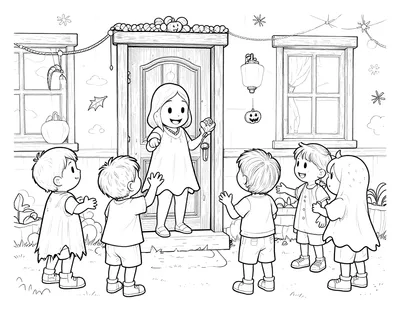 Coloriage montrant un groupe d'enfants déguisés réclamant des bonbons à une adulte souriante devant une porte décorée pour Halloween.
