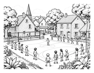 Coloriage d'un match de handball en extérieur sur une place de village français, avec deux équipes d'enfants qui sautent vers le ballon, des maisons en pierre et des platanes.