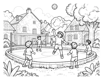 Coloriage d'un terrain de handball extérieur dans un village français, avec des enfants qui sautent vers le ballon devant des maisons en pierre et des platanes.