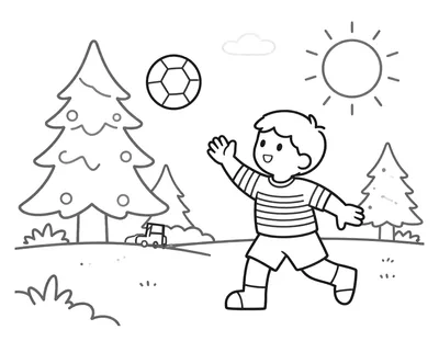 Coloriage d'un enfant en maillot rayé lançant un ballon de handball devant un sapin décoré dans un village enneigé de Noël.