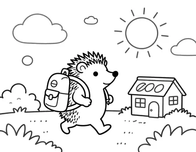 Coloriage d'un hérisson portant un petit sac à dos et un crayon, marchant vers une école sous un soleil d'automne.