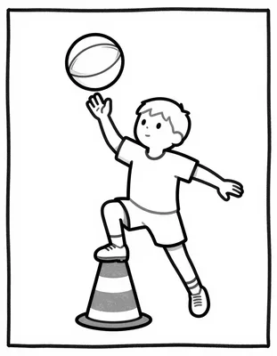 Coloriage d'un jeune joueur de rugby qui court en équilibre avec un ballon posé sur une main, à côté d'un plot d'entraînement rayé.