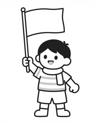 Coloriage d'un jeune supporter en maillot rayé et écharpe qui tient un grand drapeau au bout d'une hampe.