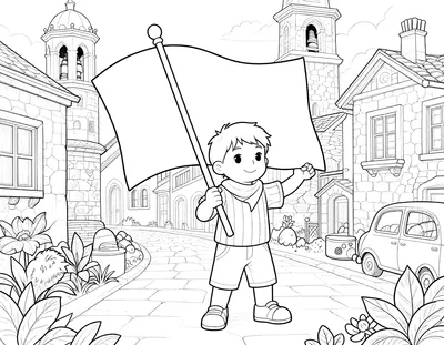 Coloriage d'un jeune supporter en maillot rayé tenant un grand drapeau dans une rue pavée avec un clocher en pierre.