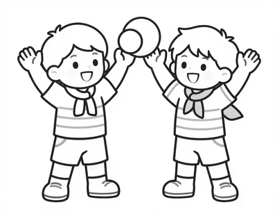 Coloriage de deux enfants supporters en maillot rayé qui agitent les bras autour d'un ballon de football.