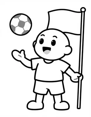 Coloriage d'un jeune joueur de football souriant qui jongle avec un ballon à côté d'un drapeau sur un mât.