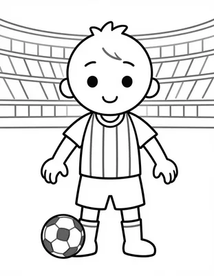 Coloriage d'un jeune footballeur souriant en maillot à rayures verticales, un ballon posé à ses pieds devant les gradins d'un stade.