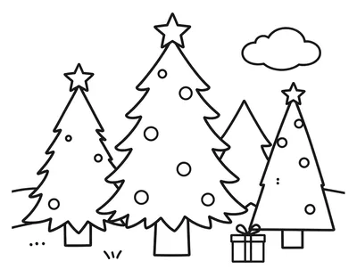 Dessin au trait noir et blanc d'un sapin de Noël décoré avec des boules et des cadeaux.